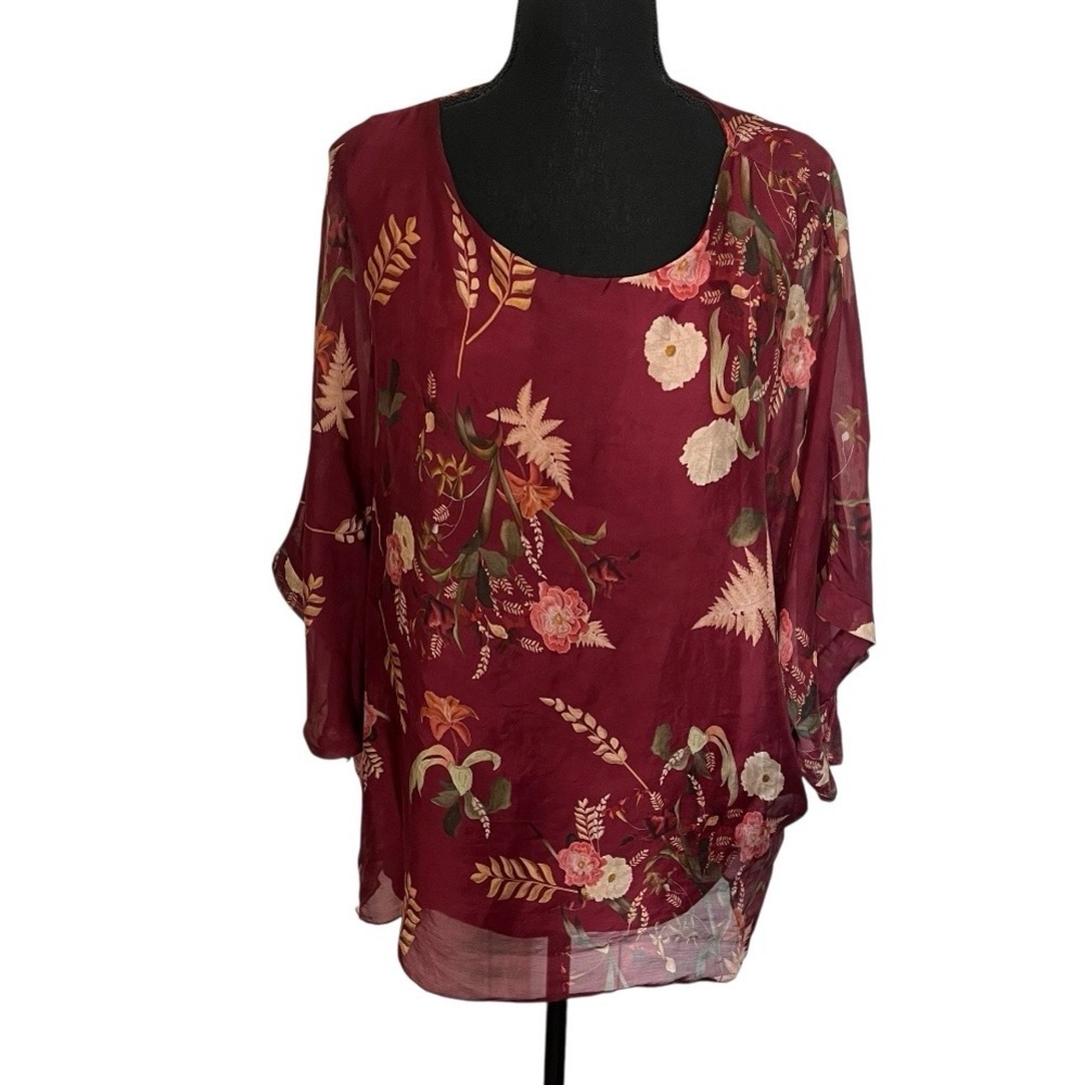 Belle France Bat Wing Popover Top Shirt Sz M Italian Silk Overlay Tank Floral